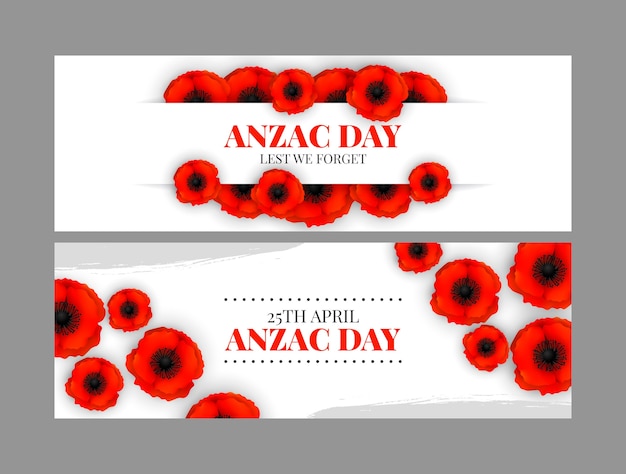 Realistic anzac day horizontal banners set