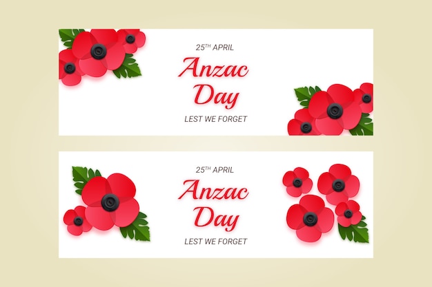 Free vector realistic anzac day horizontal banners set