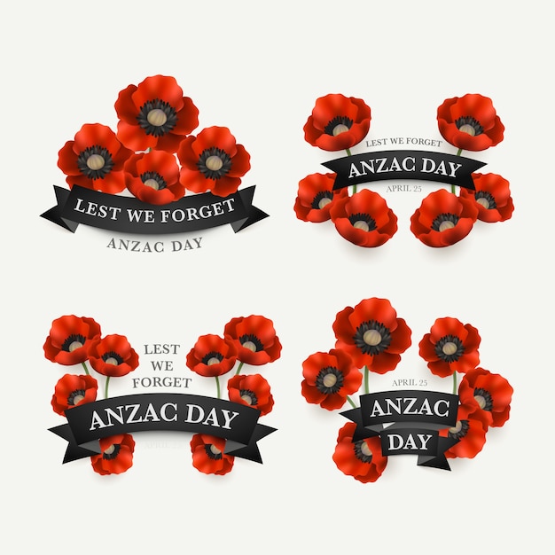 Vettore gratuito collezione di etichette realistiche del giorno anzac