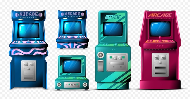 Free vector realistic arcade game set on transparent background with isolated retro game playing machines of various design vector illustration