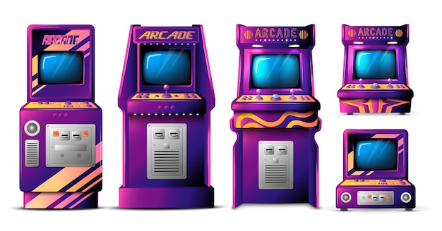 Free vector realistic arcade game set with isolated front view images of retro gaming machines on blank background vector illustration