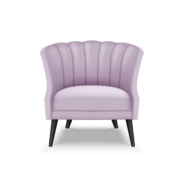 고급스러운 거실 인테리어 디자인을 위한 현실적인 안락의자 또는 소파. 보라색 벨벳 의자 템플릿 프리미엄 벡터