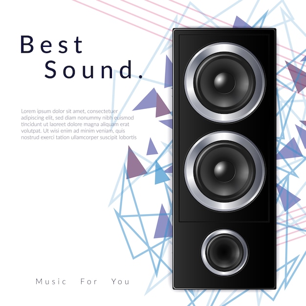 Realistic audio system composition with best sound headline and big black speaker  illustration