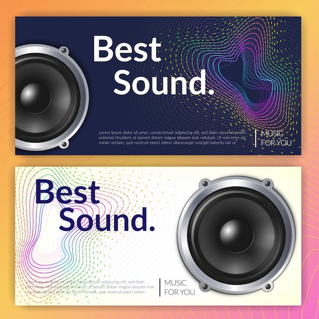 Realistic audio system set of horizontal banners