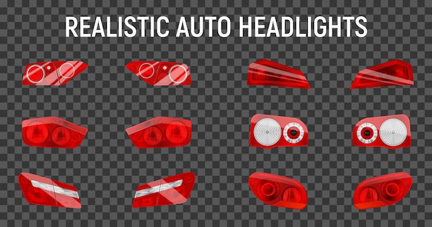 Realistic auto back stop headlights set with twelve isolated brake and marker lights on transparent background  illustration