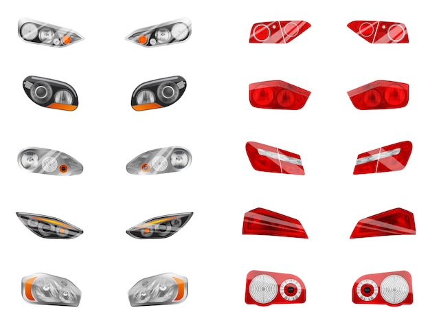 Realistic auto headlights set with twelve isolated images of different car front headlamps and brake lights  illustration