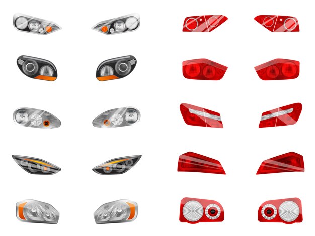 Realistic auto headlights set with twelve isolated images of different car front headlamps and brake lights  illustration