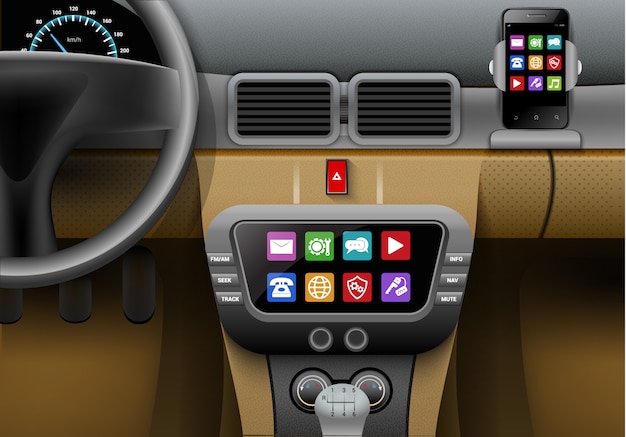 Realistic auto interior with car multimedia system and smartphone