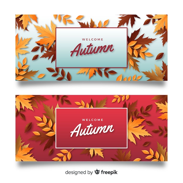 Free vector realistic autumn banners template with leaves