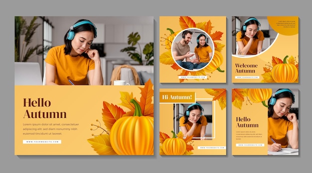 Free vector realistic autumn instagram posts collection with photo