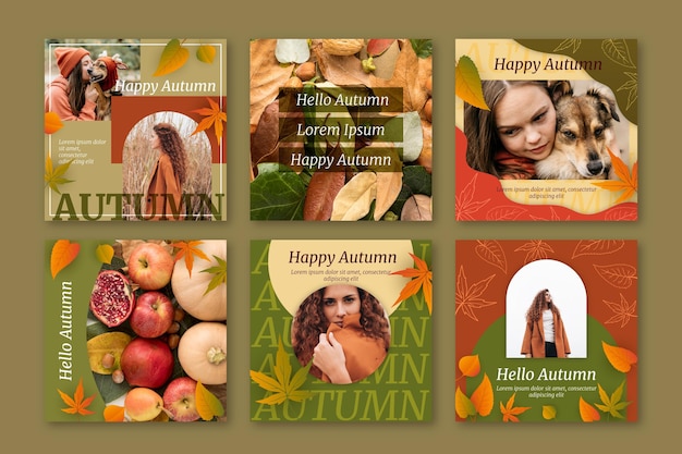 Free vector realistic autumn instagram posts collection