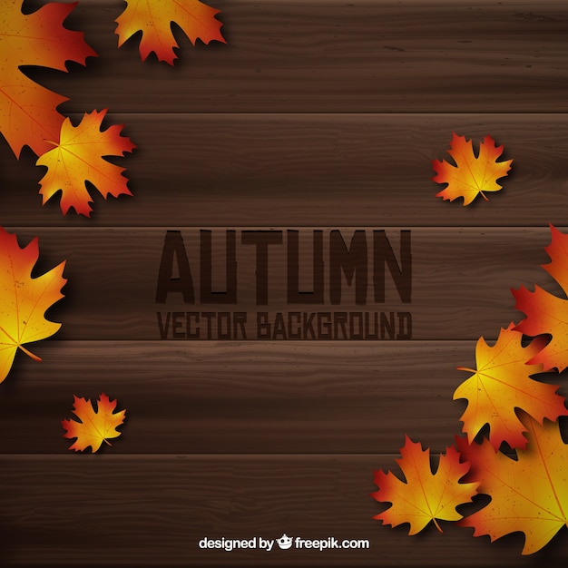 Realistic autumn leaves on wooden board