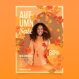 Realistic autumn sale vertical poster template with photo