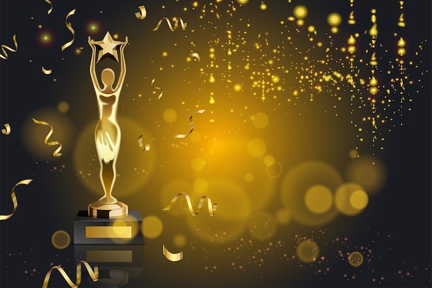 Бесплатное векторное изображение Реалистичная награда с огнями, золотым конфетти и трофеем с фигуркой со звездой