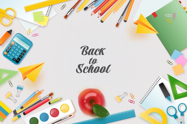 Realistic back to school background with school supplies