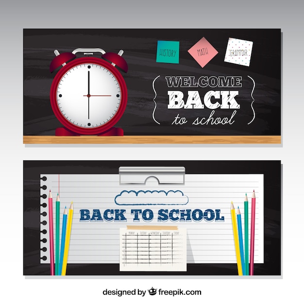 Realistic back to school banners with alarm clock and timetable