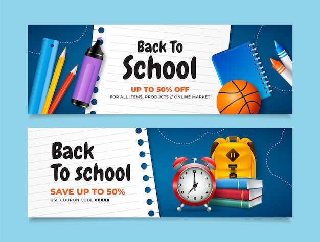 Realistic back to school horizontal sale banners set