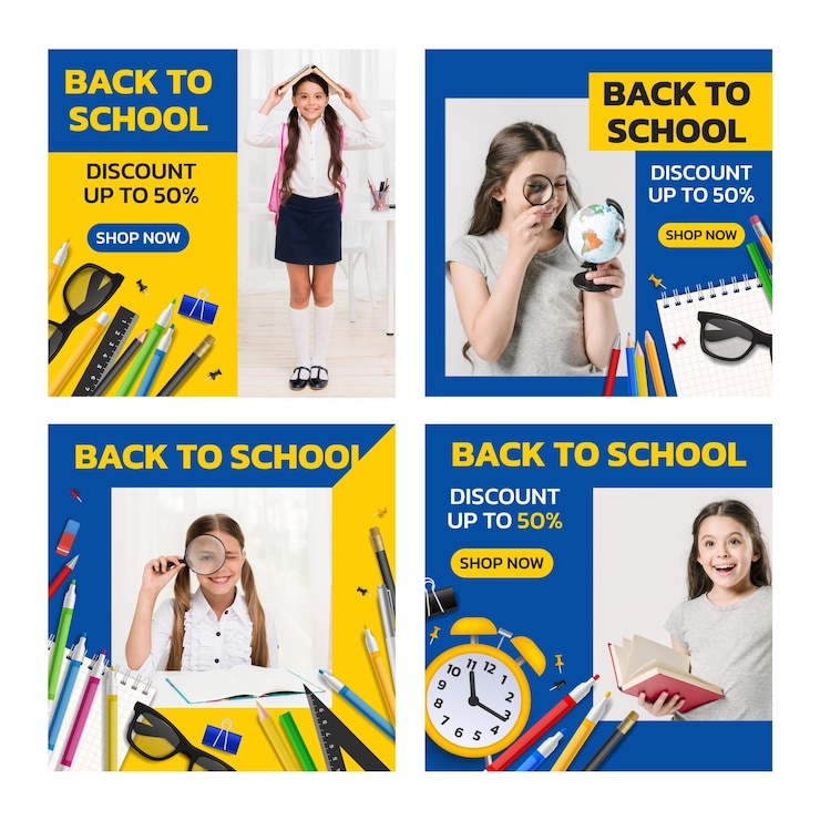 Free Vector realistic back to school instagram posts collection with photo