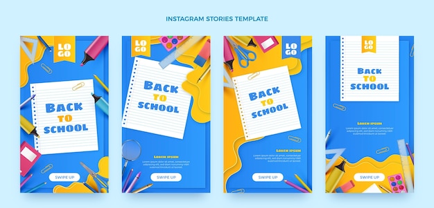 Vettore gratuito raccolta realistica di storie di instagram di ritorno a scuola