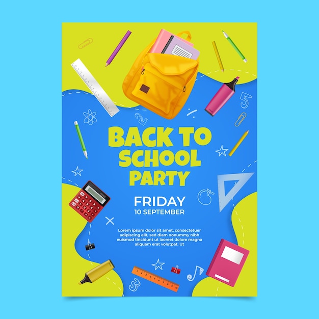 Free vector realistic back to school party poster template with school supplies