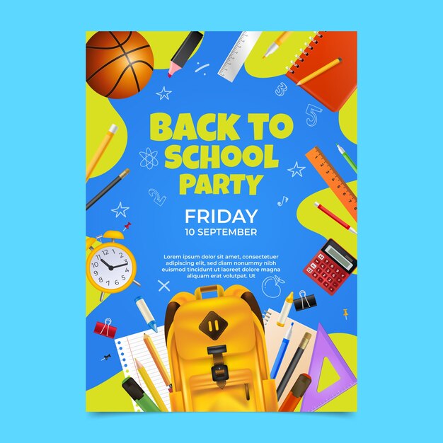 Realistic back to school party poster template with school supplies
