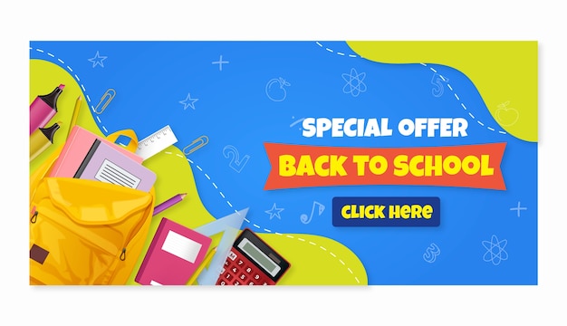 Free vector realistic back to school sale horizontal banner template with supplies