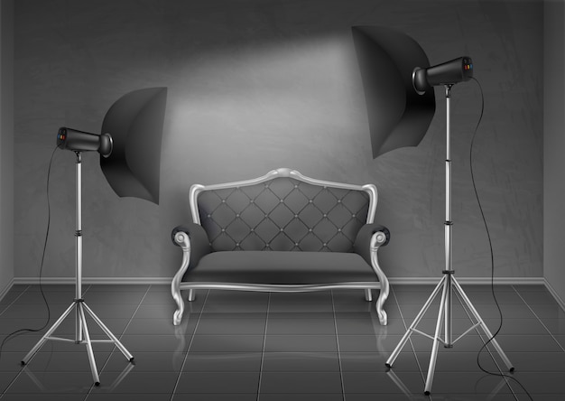 Бесплатное векторное изображение Реалистичный фон, комната с серой стеной и полом, фотостудия с пустым диваном, диван