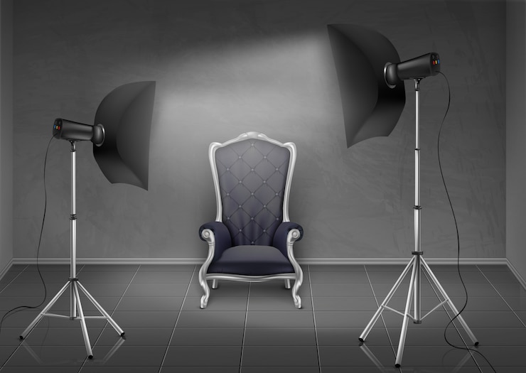 Free Vector realistic background, room with gray wall and floor, photo studio with empty armchair