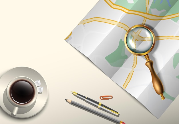Free vector realistic background travel banner with map and magnifying glass