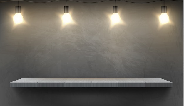 Free vector realistic background with empty wooden shelf illuminated by electric bulbs