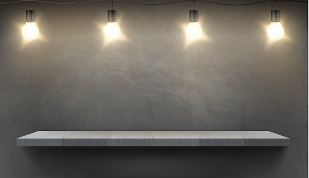 Realistic background with empty wooden shelf illuminated by electric bulbs