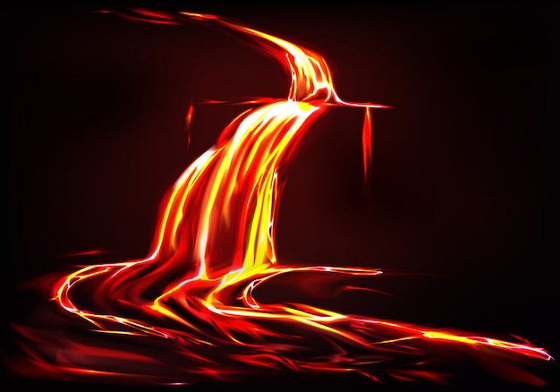Vettore gratuito sfondo realistico con fiume di lava, flusso di fuoco liquido nel buio.