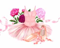 Free vector realistic ballet composition with beautiful pink ballerina dress shoes with satin ribbons and peonies vector illustration