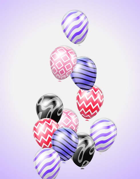 Composizione di palloncini realistici con sfondo sfumato viola e vista di palloncini volanti con decorazioni ornate colorate illustrazione vettoriale