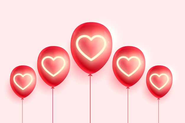 Realistic balloons with neon hearts valentines day background