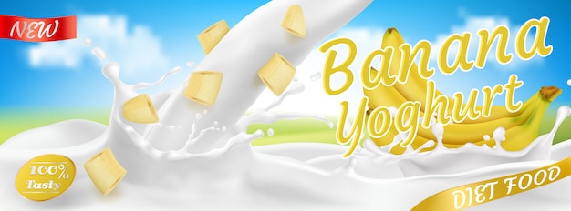 Mazzo di banane realistico in yogurt, pacchetto. frutta gialla con gocce di spruzzi.