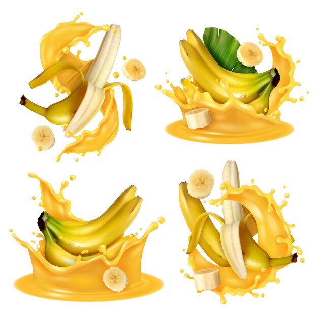 Realistic banana juice splash set with four isolated images of banana fruits floating in yellow liquid