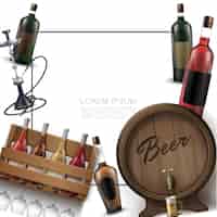 Free vector realistic bar elements template with frame for text wine bottles glasses hookah wooden cask of beer