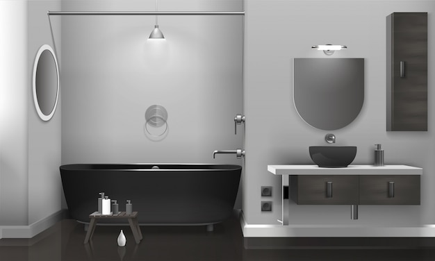 realistic bathroom interior with two mirrors