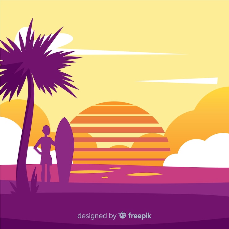 無料Vector リアルなビーチの夕日の風景