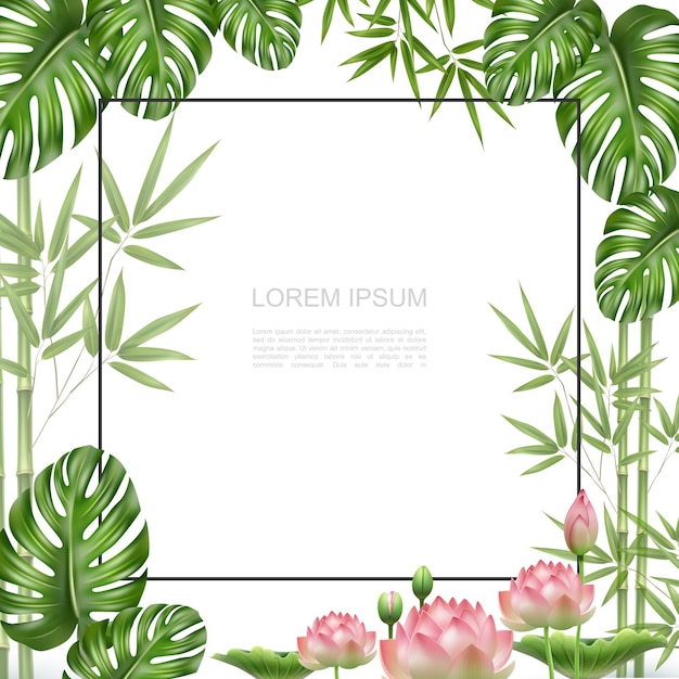 Realistic beautiful tropical plants template with frame for text bamboo stems monstera palm leaves lotus flower  frame