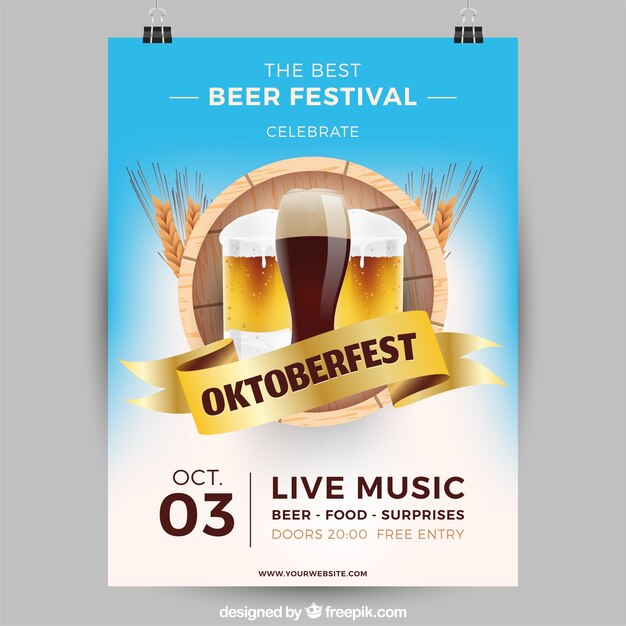 Realistic beer glasses, barrel and wheat