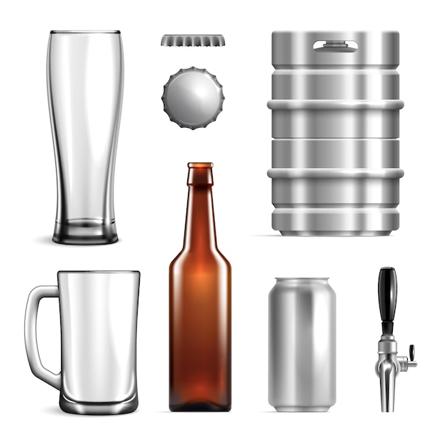 Set di icone di mockup di birra realistica bicchieri tazze botti di ferro bottiglie e coperchi per illustrazione vettoriale di birra