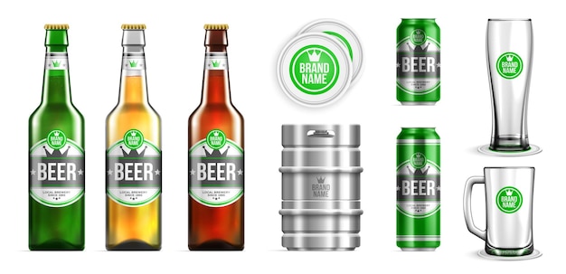 Free vector realistic beer mockup icon set three kinds of beer bottles of different colors aluminum cans of two sizes glasses lids and beer keg vector illustration