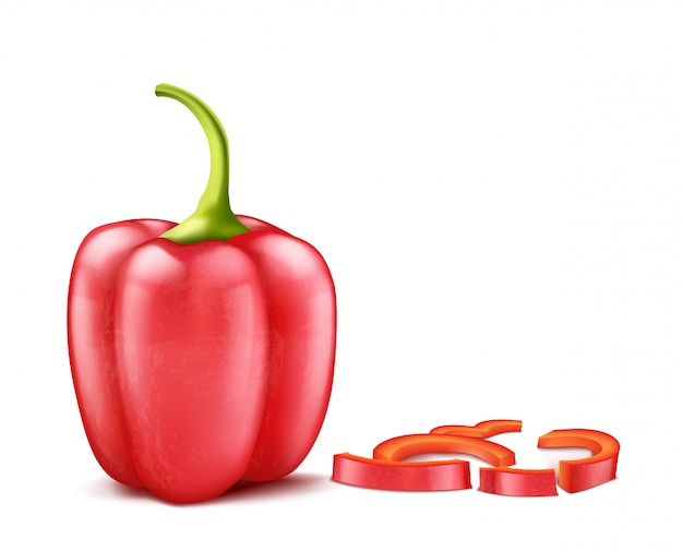 Realistic bell pepper or bulgarian, whole and sliced pieces isolated on background.