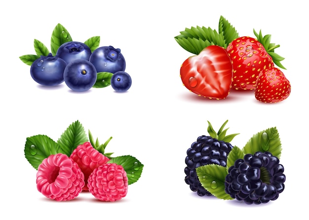 Реалистичный прозрачный набор ягод с изолированными изображениями малины, клубники, ежевики и клюквы с векторной иллюстрацией листьев