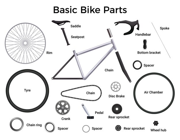 Realistic bicycle parts set with isolated illustration