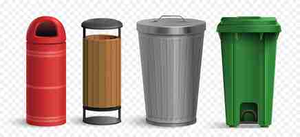 Free vector realistic bin outdoor set with isolated images of trash buckets made of metal plastic and wood vector illustration