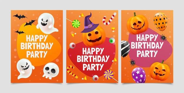 Free vector realistic birthday card templates for halloween celebration