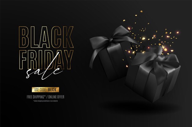 Realistic black friday banner with presents and confetti